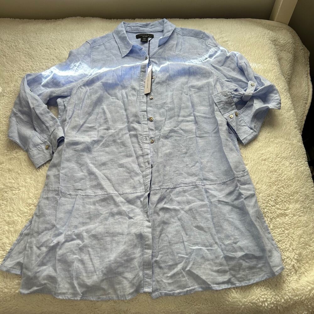 TAHARI Womens Linen Tunic Top Lagenlook Boxy Blue 1X Boho Costal Resort Summer - Picture 2 of 6